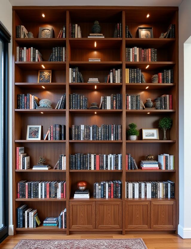 A floor-to-ceiling custom walnut bookshelf filled with books and decorative objects