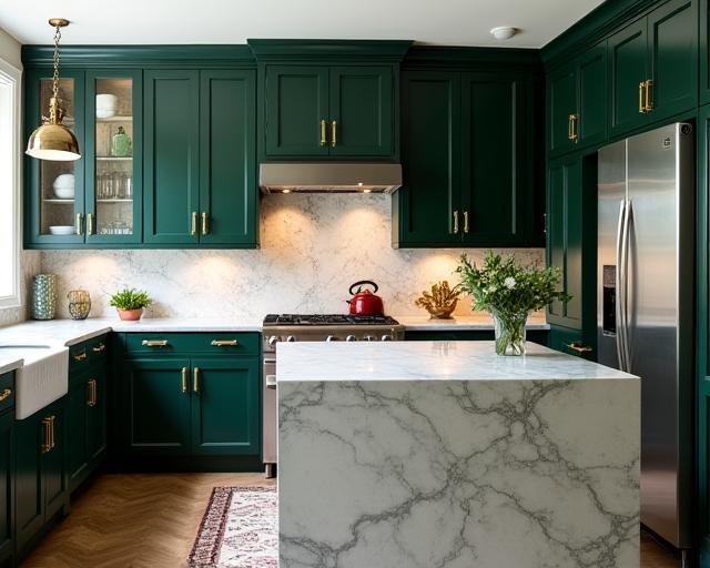 A renovated historic kitchen with dark green cabinets, brass hardware, and a marble island