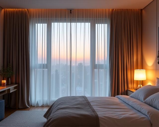 A serene bedroom with automated blackout curtains and soft, ambient smart lighting