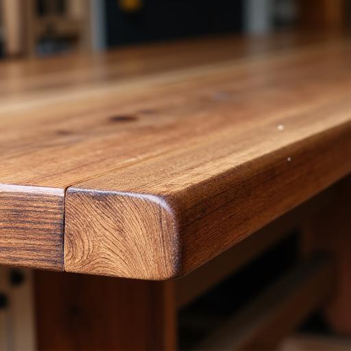 A close-up of a handcrafted wooden dining table with detailed joinery