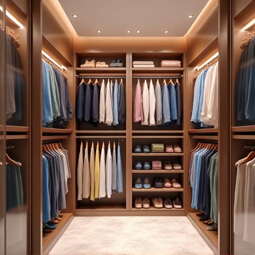 A neatly organized walk-in closet with clothes arranged by color